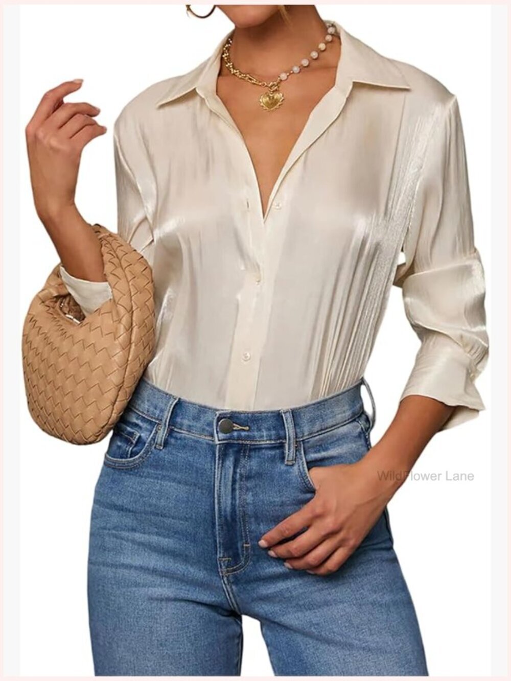 Women's Fitted Button Down Shirt Long Sleeve V-Neck Work Blouse